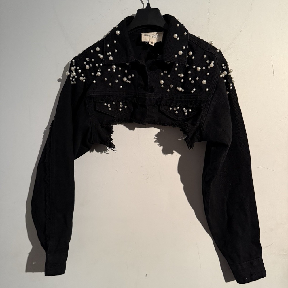 Blue Turtle Womens Small‎ Black Cropped Beaded Frayed Jacket Festival Boho
